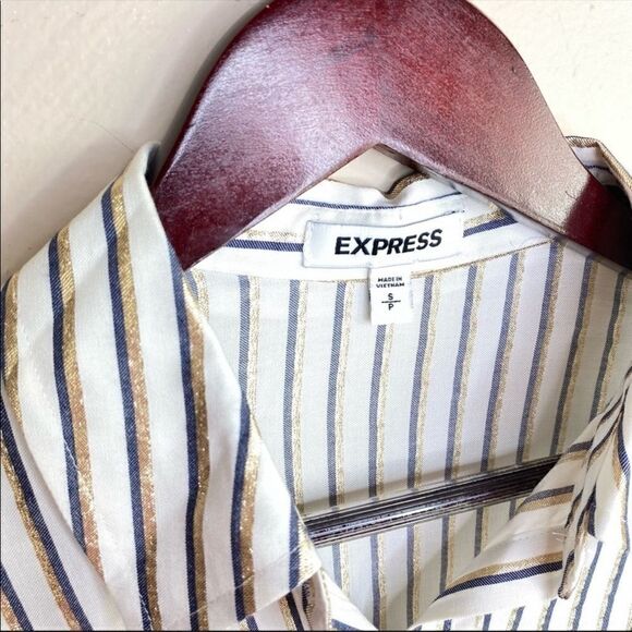 Express The Boxy Shirt Striped Button Front Shirt Blue White Gold Small - Picture 7 of 12